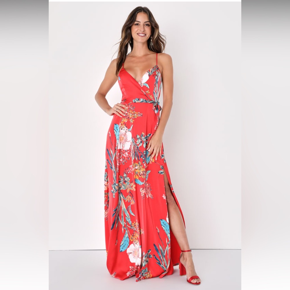 Lulus Still The One Red Floral Print Satin Maxi Dress Size Small